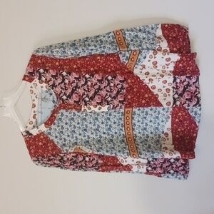 Patchwork Boho Artsy Cottagecore Hippie Floral Henley Long Sleeve Blouse, Size M